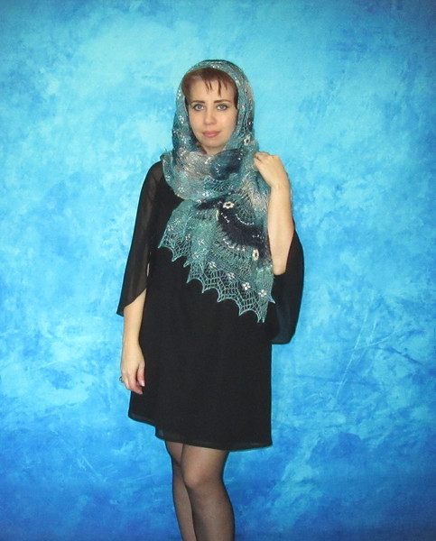 turquoise women's scarf with embroidery, warm Russian Orenburg embroidered shawl, gift for wife.JPG
