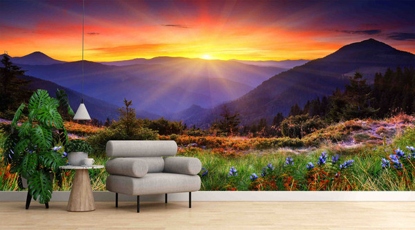 Mountain Landscape Wall Decals, Sunrise Landscape Digital Paper, View Wall Mural, Nature Landscape Wall Art, Room Wall Decor, View Wall Art.jpg
