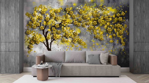 Abstract Tree Wall Art, Tree Wall Decor, Gift For Her, Flower Wall Decals, Yellow Tree Wallpaper, Wall Mural Wallpaper, Yellow Wall Art,.jpg