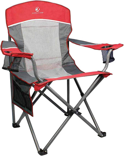 ALPHA CAMP Oversized Mesh Back Camping Folding Chair Heavy Duty Support 350 LBS Collapsible Steel Frame Quad Chair Padded Arm Chair with Cup Holder Portable for