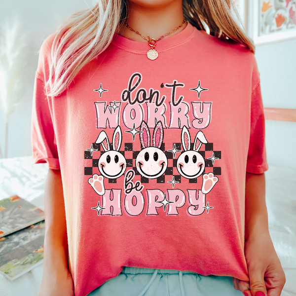 Comfort Colors® Don't Worry Be Hoppy Shirt, Retro Easter Shirt, Groovy Easter Tee, Smiley Easter Bunny Shirt, Cute Bunny T-Shirt, Smiley Tee.jpg