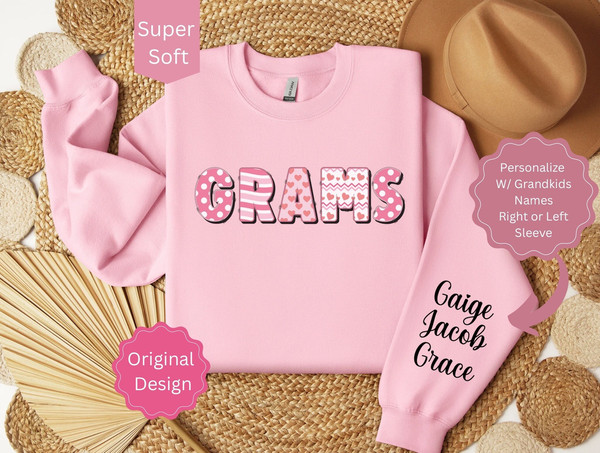 Personalized GRAMS Sweatshirt with Grandkids Names, Custom GRAMS Shirt with Names on Sleeve, Gift for Grams, Grams Valentines Day Sweatshirt.jpg