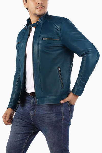Men's Casual Signature Diamond Lambskin Leather Jacket-Blue_11.jpg