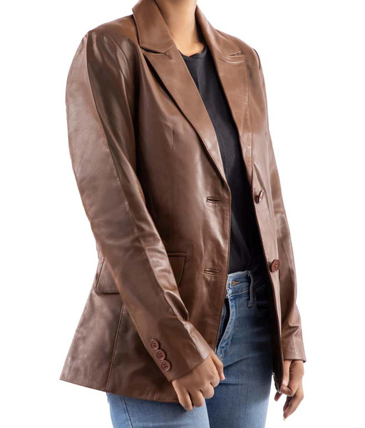 Classic 2-Button Lambskin Leather Blazer Women-Cognac_3.jpg