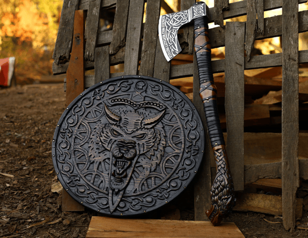 Legendary Norse Wolf head Engraved Axe & Shield Set Hand Forged Carbon Steel Axe Battle Ready axe Groomsmen gift best gift for husband (1).PNG