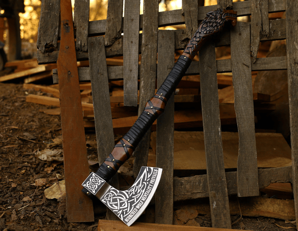 Legendary Norse Wolf head Engraved Axe & Shield Set Hand Forged Carbon Steel Axe Battle Ready axe Groomsmen gift best gift for husband (6).PNG