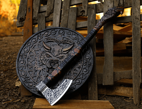 Legendary Norse Wolf head Engraved Axe & Shield Set Hand Forged Carbon Steel Axe Battle Ready axe Groomsmen gift best gift for husband (7).PNG