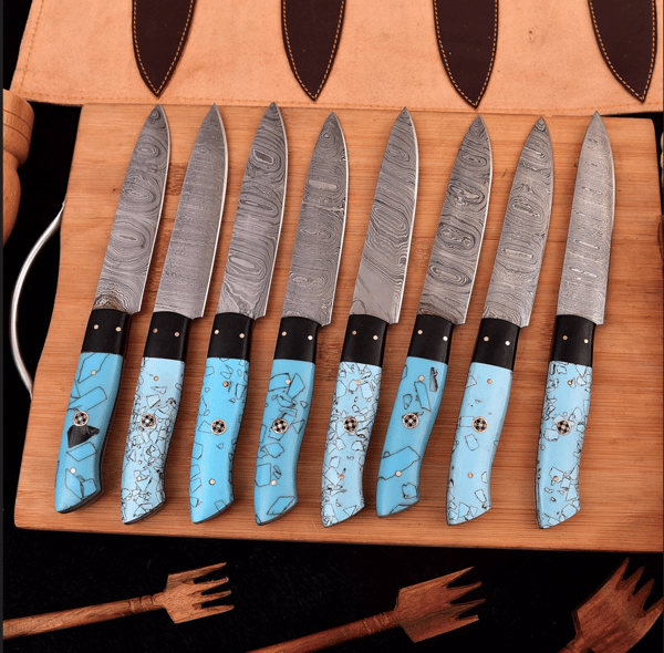 Handmade kitchen knives 8 piece Steak Knives, HandForge chef knives, BBQ knives, best gift for him and her, Christmas Gift (3).PNG