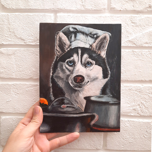 Fun acrylic painting for interior design.Husky dog playing cook.