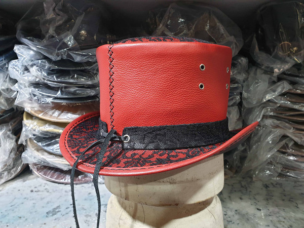 Steampunk Black Crusty Band Red Leather Top Hat (3).jpg