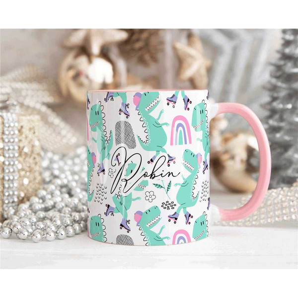Cute Dinosaur Mug, Personalised Mug, Custom Name Cup, Coffee Tea Cup Gift For Her, Mug Gift for Daughter Teenager Girl T.jpg