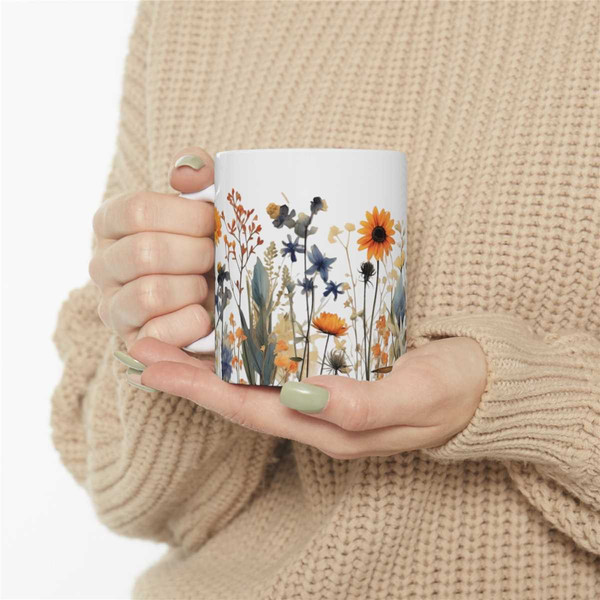 Pressed Flowers Mug, Boho Wildflowers Coffee Mug, Watercolor Floral Nature Mug, Flower Garden Lover Gift, Wildflowers Mu.jpg