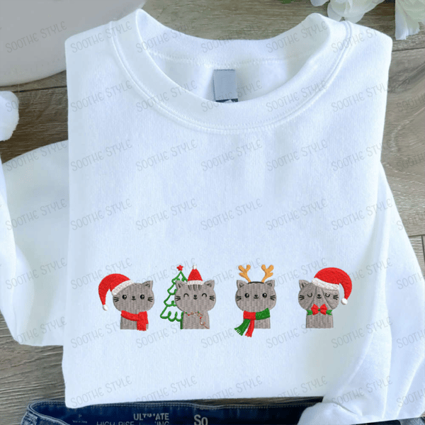 Cute Cats Christmas Embroidered Sweatshirt, Cat Love Embroidered Sweatshirt For Family.jpg
