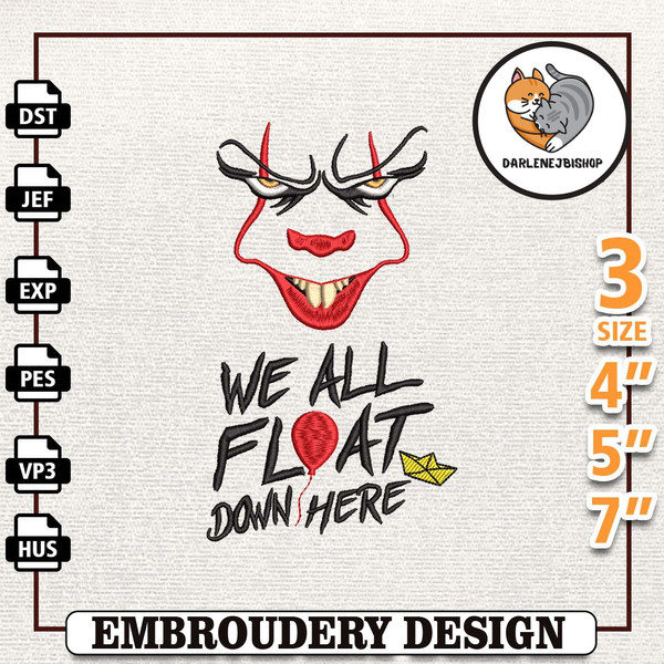 Horror Movie Clown Embroidery Design, We All Float Down Here The Clown Halloween Clown Embroidery Machine Design, Instan.jpg