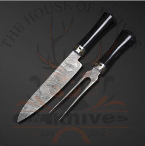 Handmade High Damascus Steel Chef Carving Knife and Fork with Bull Horn Handel (4).jpg