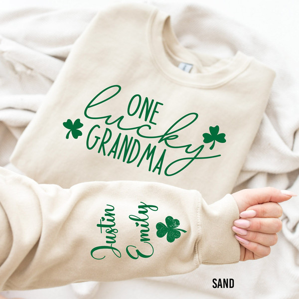 One Lucky Grandma Sweatshirt with Children Name on Sleeve, Custom St Patrick's Day Sweatshirt, St Patrick's Shirt,Shamrock Irish Long Sleeve.jpg
