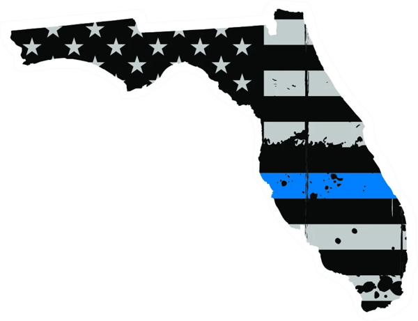 Distressed Thin Blue Line Florida State Shaped Subdued US Flag Sticker Self Adhesive Vinyl police FL - C3793.png