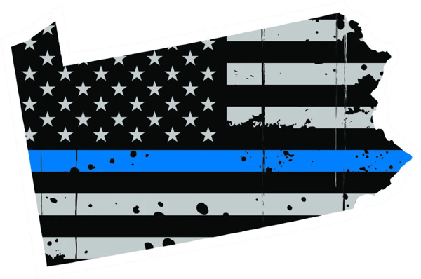 Distressed Thin Blue Line Pennsylvania State Shaped Subdued US Flag Sticker Self Adhesive Vinyl PA - C3905.png