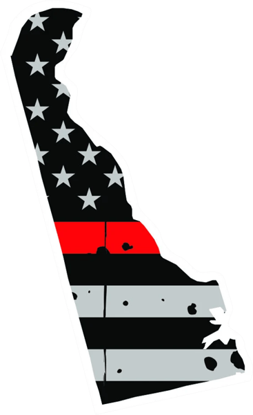 Distressed Thin Red Line Delaware State Shaped Subdued US Flag Sticker Self Adhesive Vinyl fire DE - C3791.png