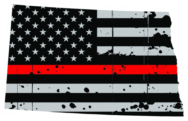 Distressed Thin Red Line North Dakota State Shaped Subdued US Flag Sticker Self Adhesive Vinyl fire - C3891.png