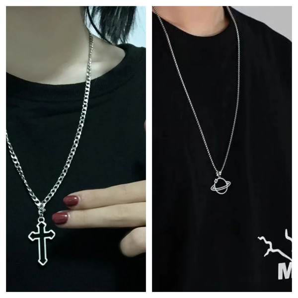 Vintage Gothic Hollow Cross Pendant Necklace Silver Color Cool Street Style Necklace For Men Women.jpg