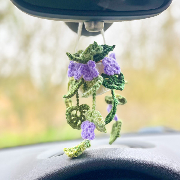 Crochet Monstera Car Plant Hanger with Purple Flowers - Plant Hanging Car Decoration 1.jpg