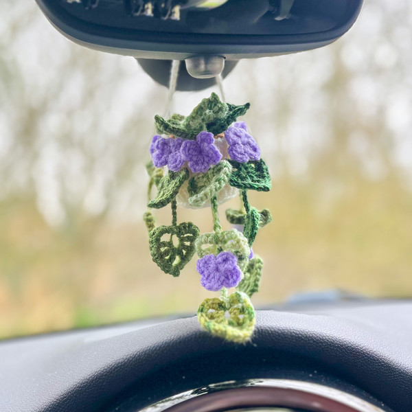Crochet Monstera Car Plant Hanger with Purple Flowers - Plant Hanging Car Decoration 2.jpg