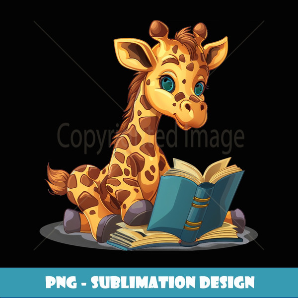 Cute anime giraffe with blue eyes reading a library book #1 - Digital Sublimation Download File