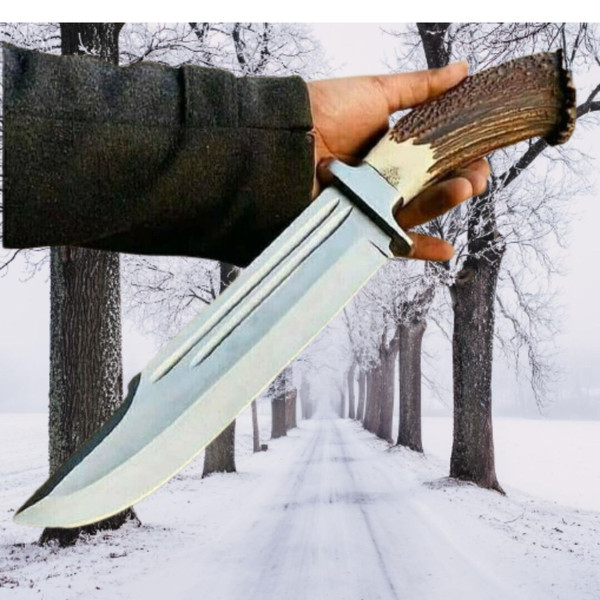 Stag Antler Custom Handmade Bowie Knife Stag Crown Survival Outdoor Hunting Knif (2).jpg