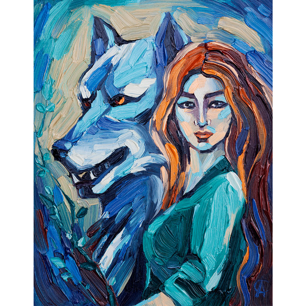 Girl and Wolf Painting Animal Original Art Small Artwork — копия (2).jpg