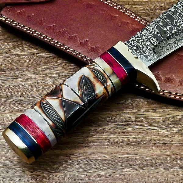 Damascus Steel Hunting Bowie Knife With Handmade Cow Leather  (2).jpg