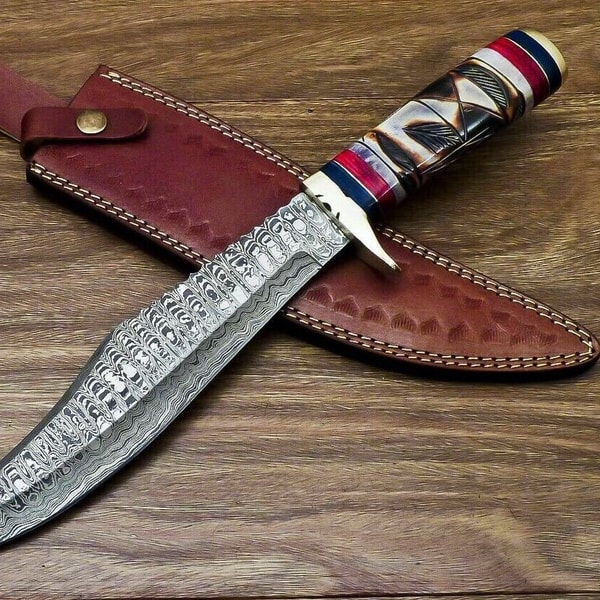 Damascus Steel Hunting Bowie Knife With Handmade Cow Leather  (6).jpg