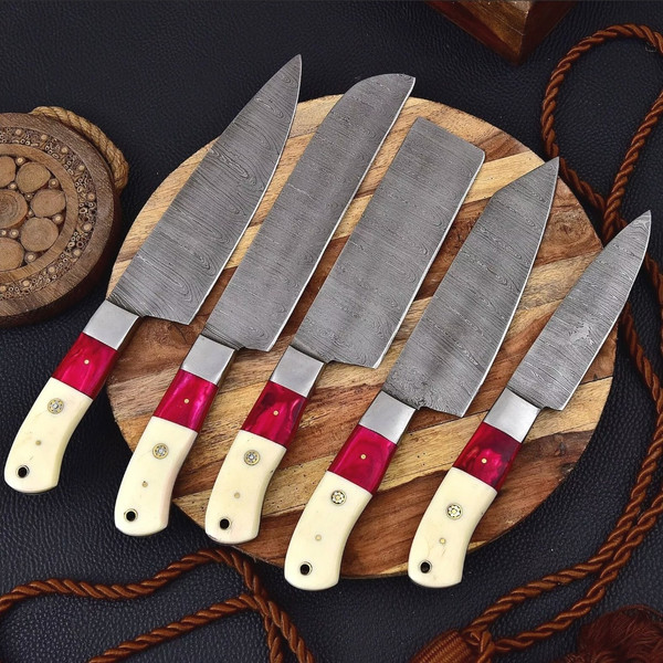 Handmade Damascus Chef Knife Set Of 5 Pcs With leather Sheath Father's Day Gift Groomsmen Gift BBQ (3).jpeg