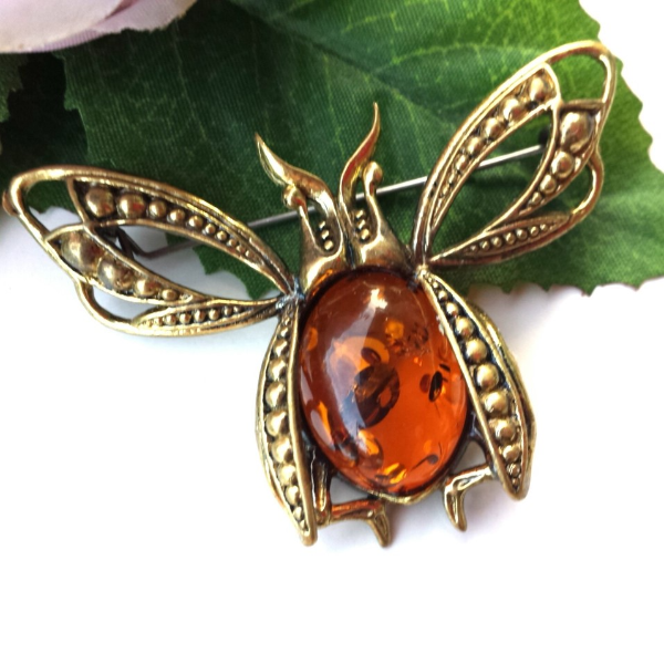 insect beetle brooch gold brass with amber jewelry.jpg