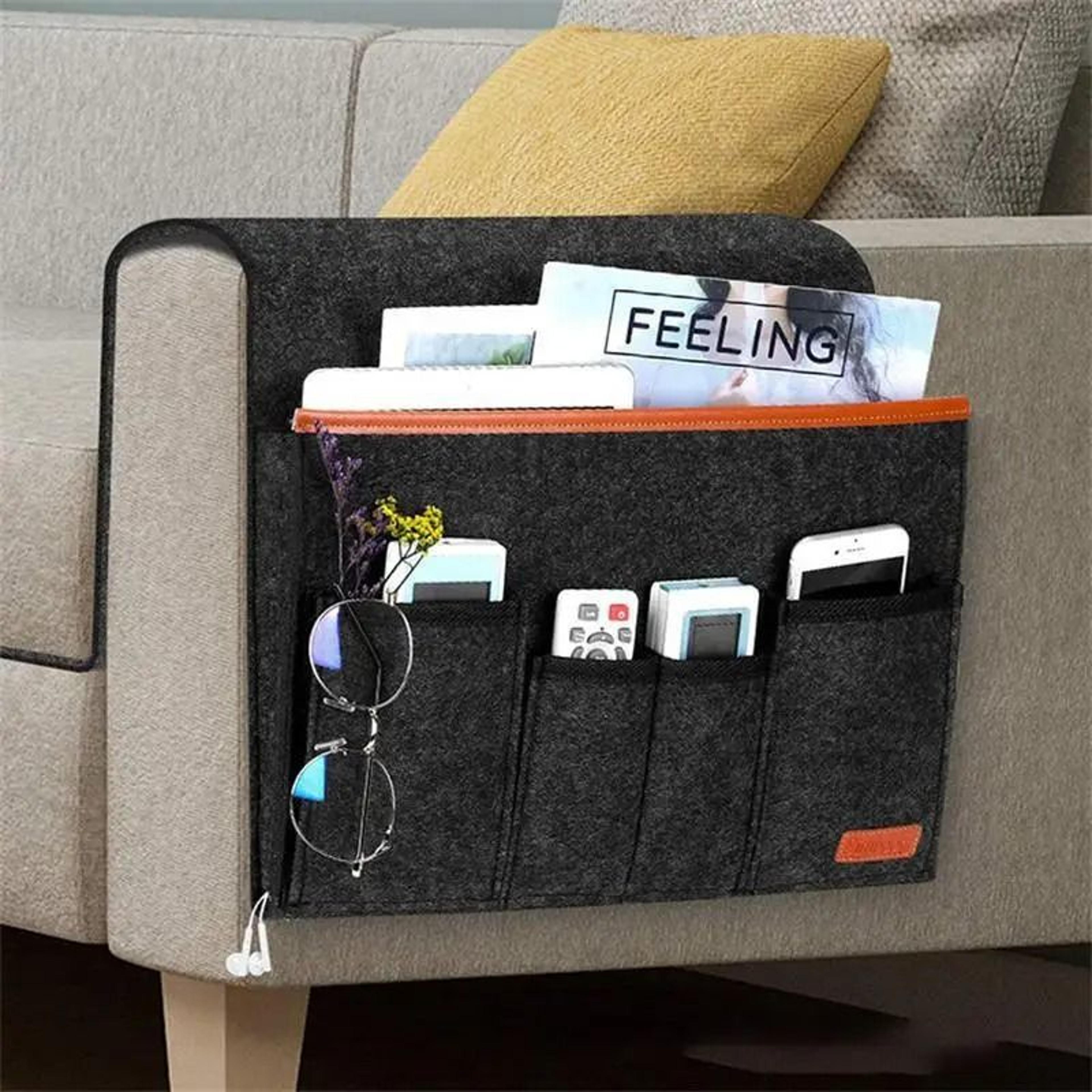 felt couch armrest organizer – recliner storage caddy for magazines, tablets & remotes