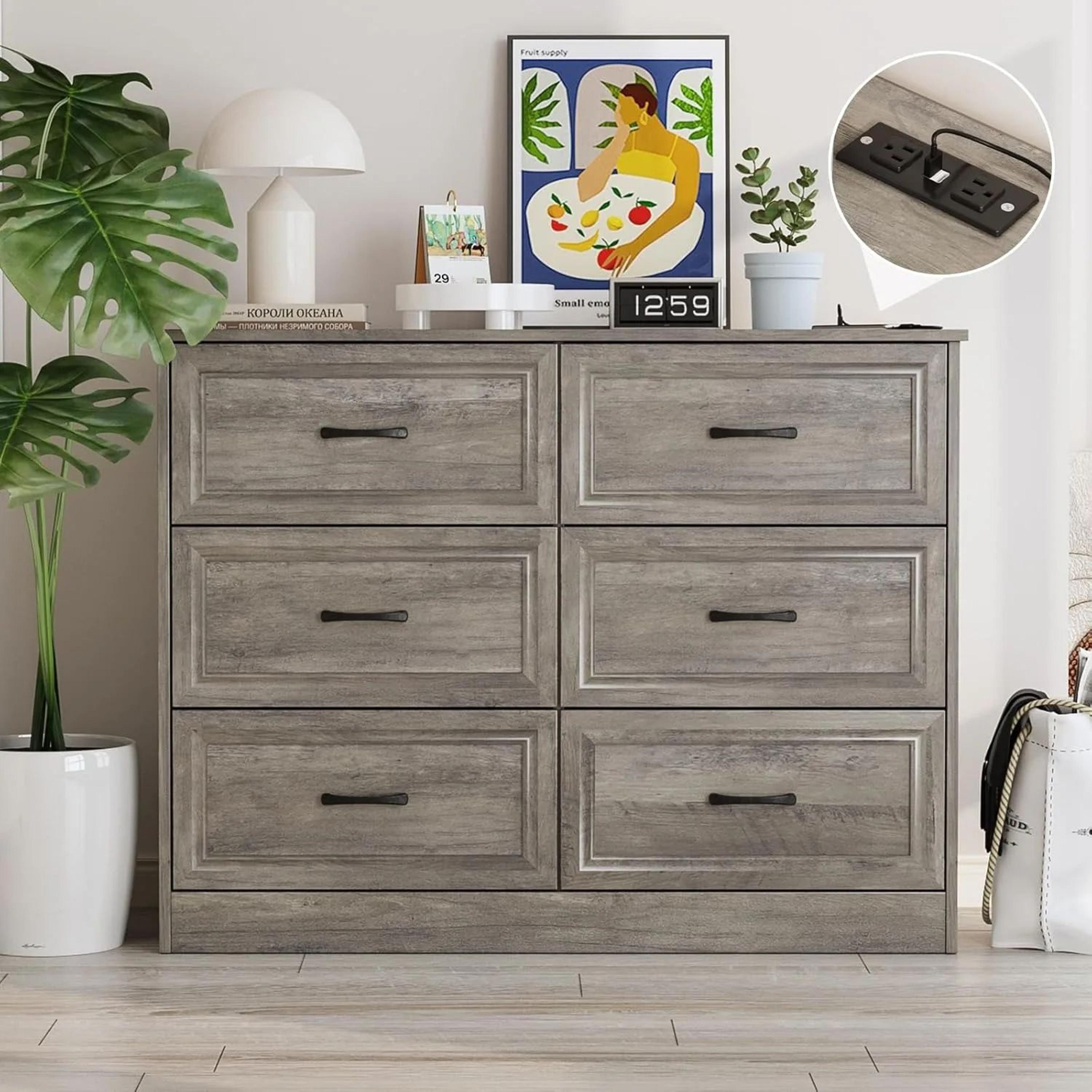 wood dresser with metal handles, drawer storage for hallway