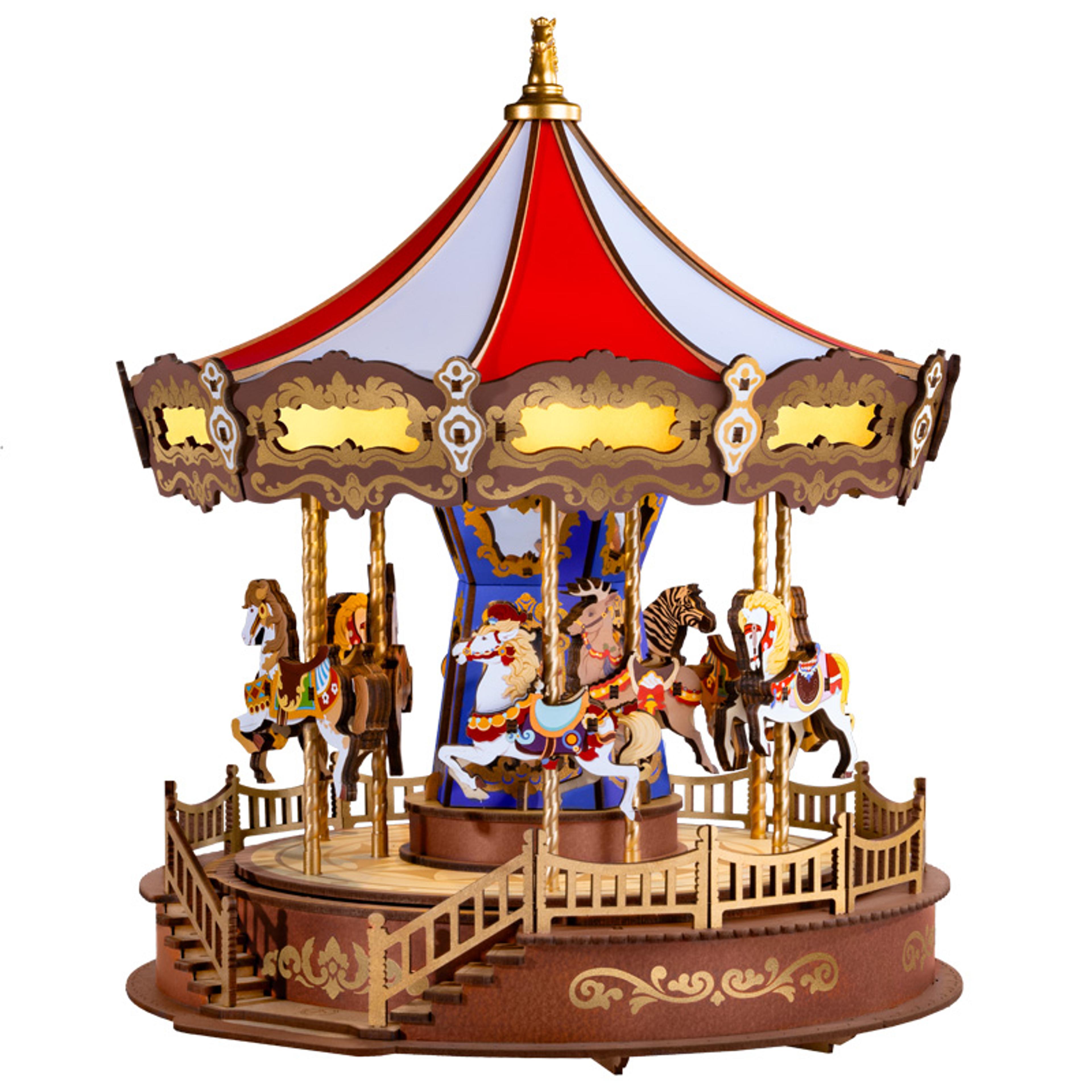 easy assemble classic carousel music box, 3d wooden puzzle moveable design with light, xmas gifts for family