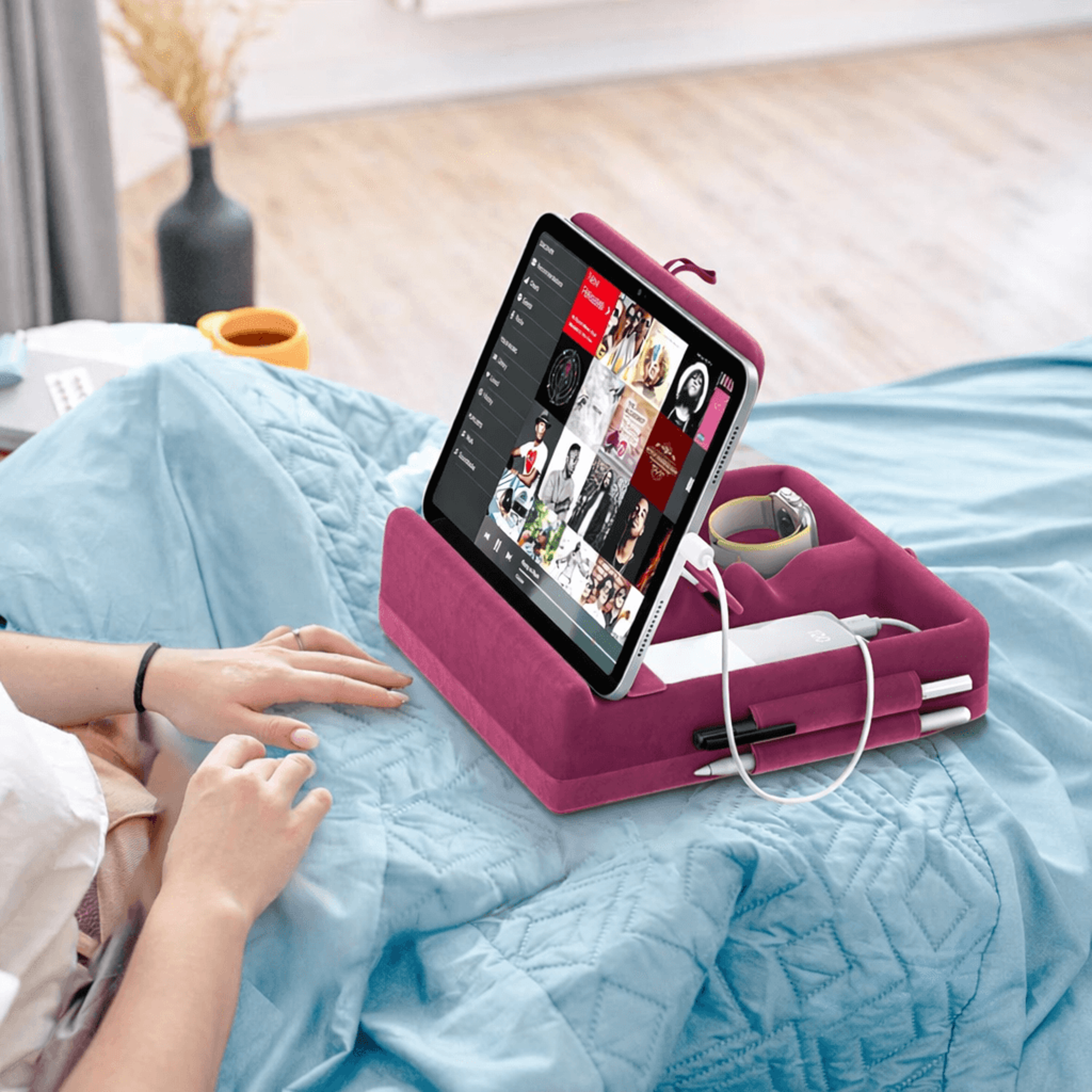 adjustable tablet pillow stand with storage, foldable ipad holder for bed & lap
