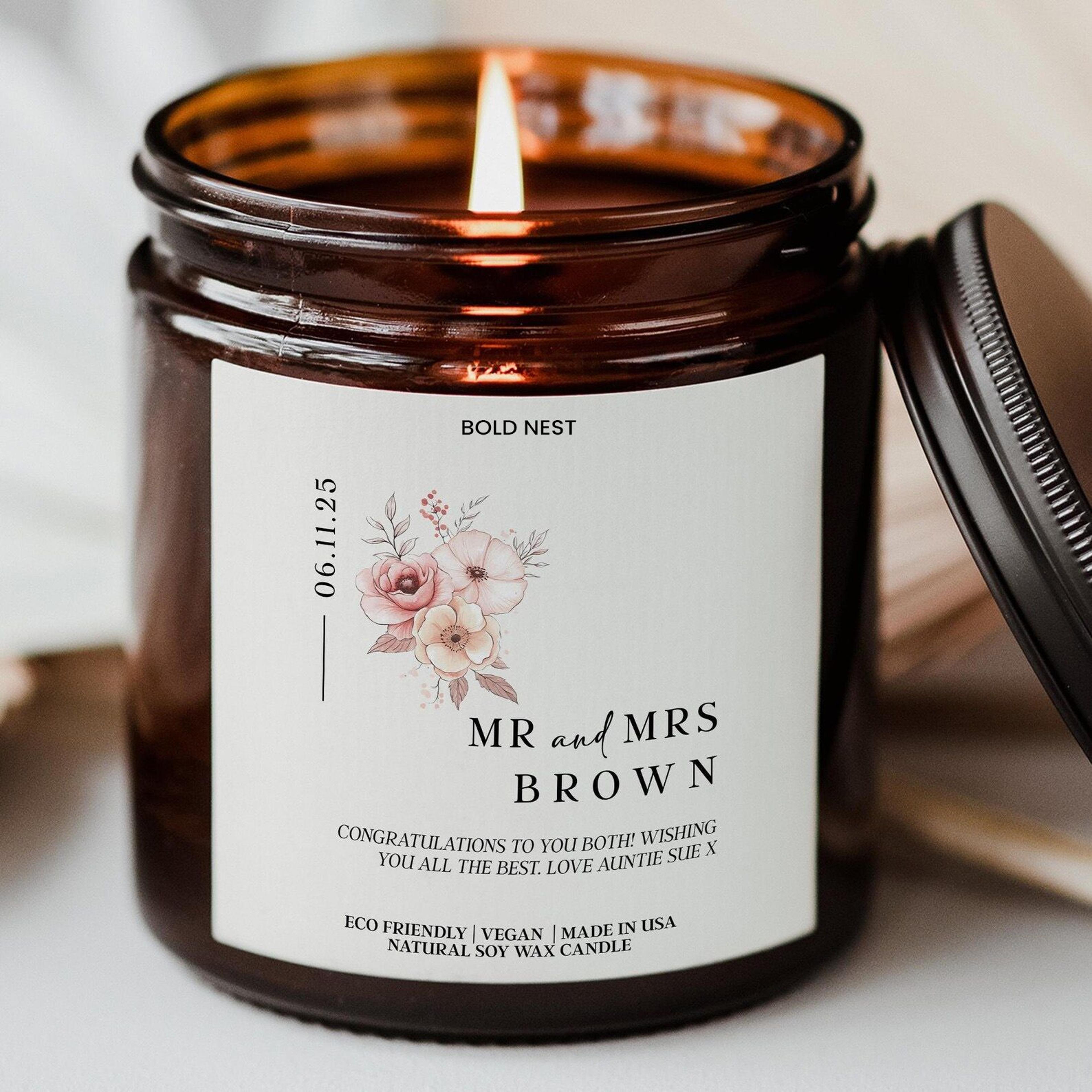 minimalist luxury personalized wedding candle – custom scented newlywed gift for couple, bride & groom keepsake