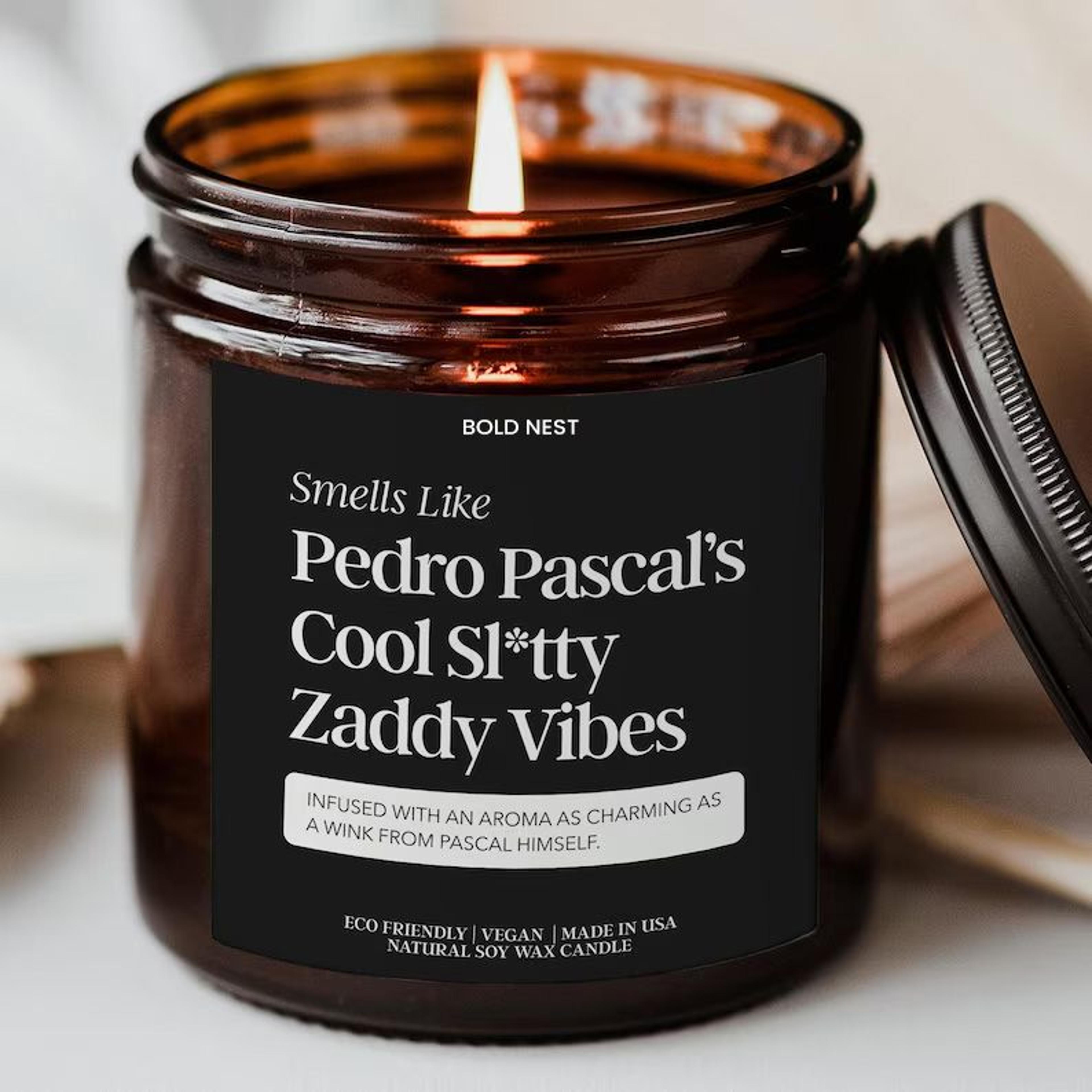 smells like pedro pascal candle funny celebrity inspired gift amber scent candle