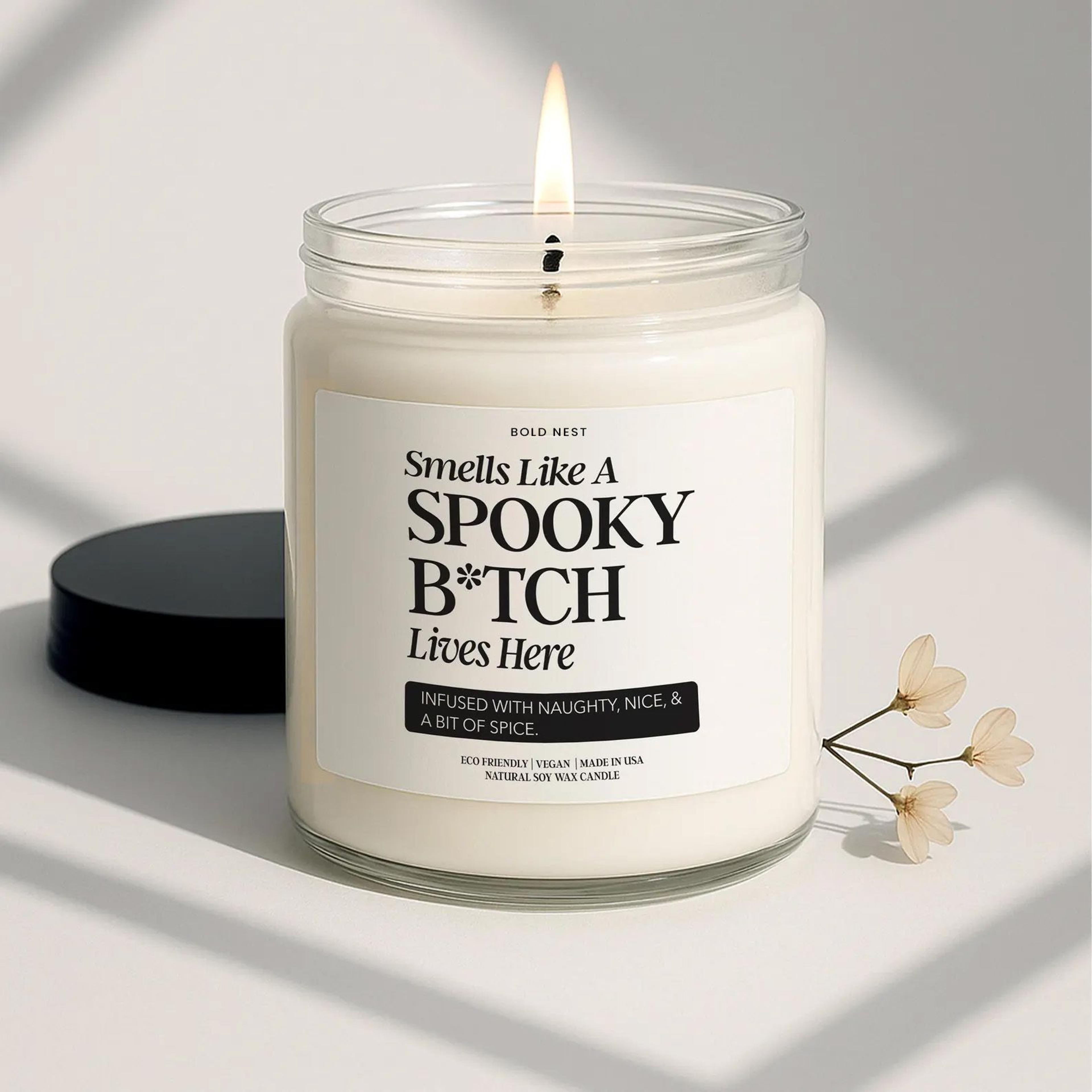 spooky b tch candle boo basket stuffer, funny halloween candle gift for best friend, personalized fall home decor candle