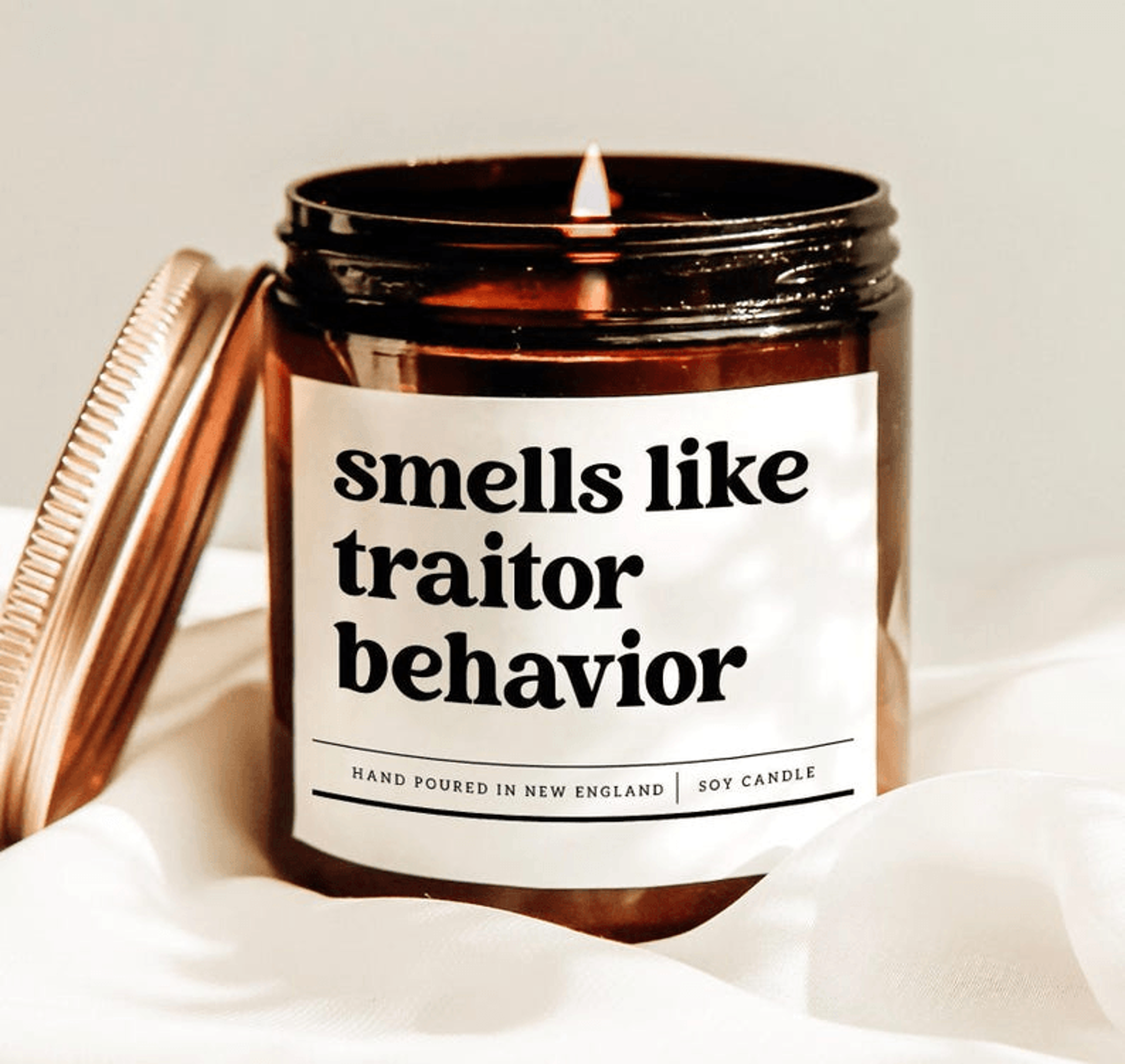 funny traitor behavior candle, toxic friend gift, reality tv humor candle