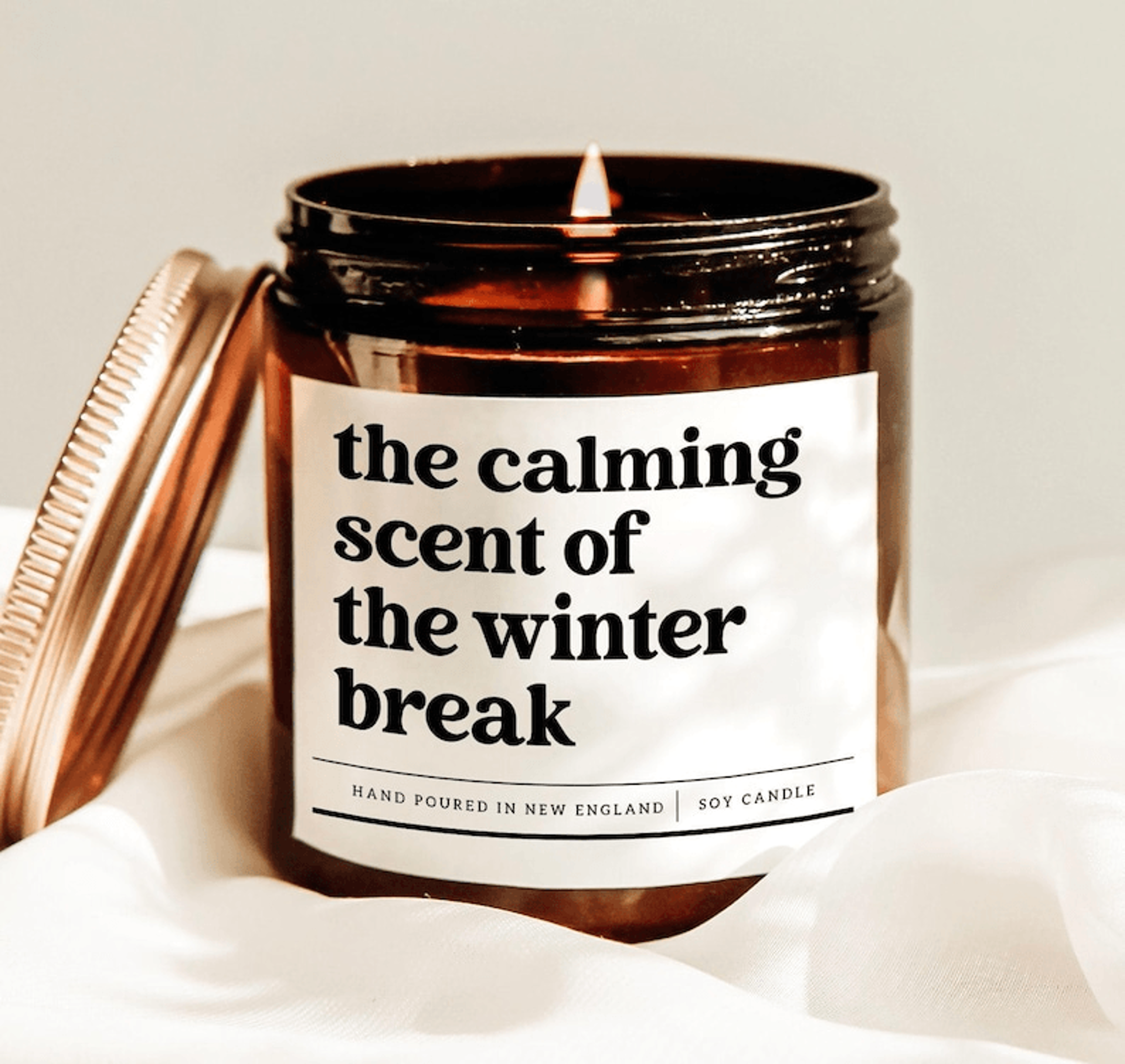 the calming scent of the winter break candle, funny teacher winter break gift, cozy holiday soy candle decor