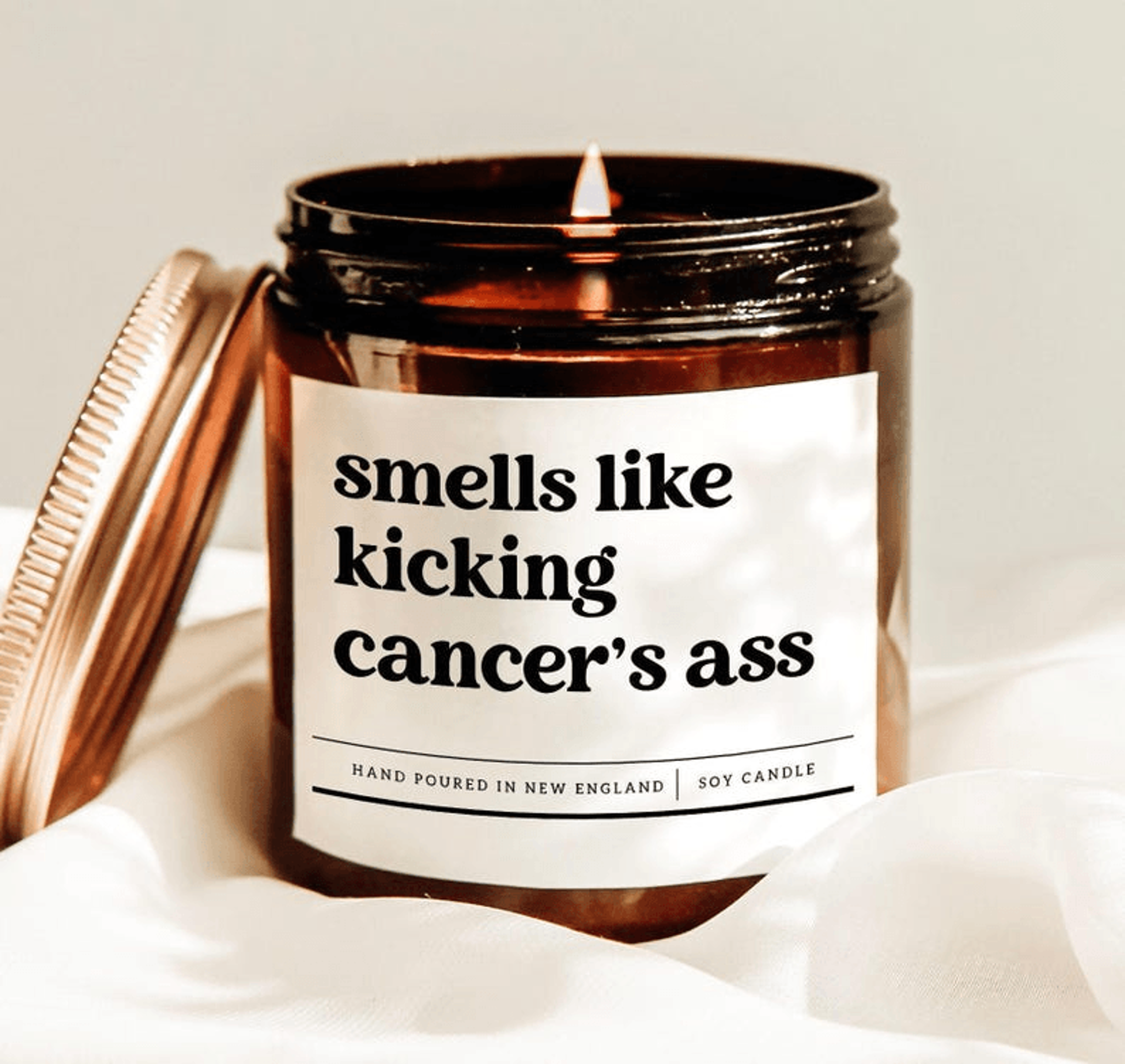 smells like kicking cancers ass candle, encouragement gift for cancer survivor chemo support and strength