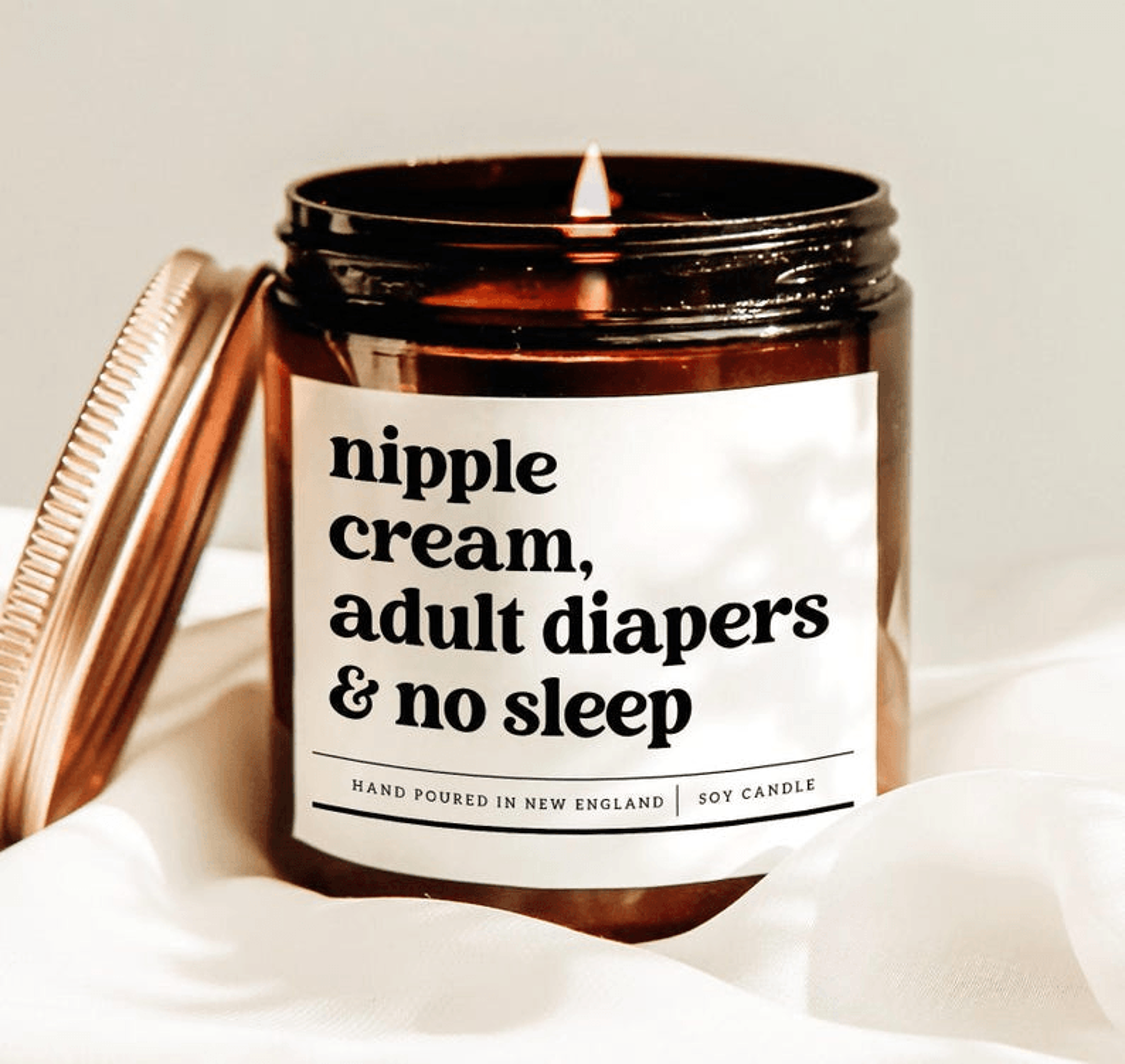 nipple cream adult diapers no sleep candle, funny new mom gift candle