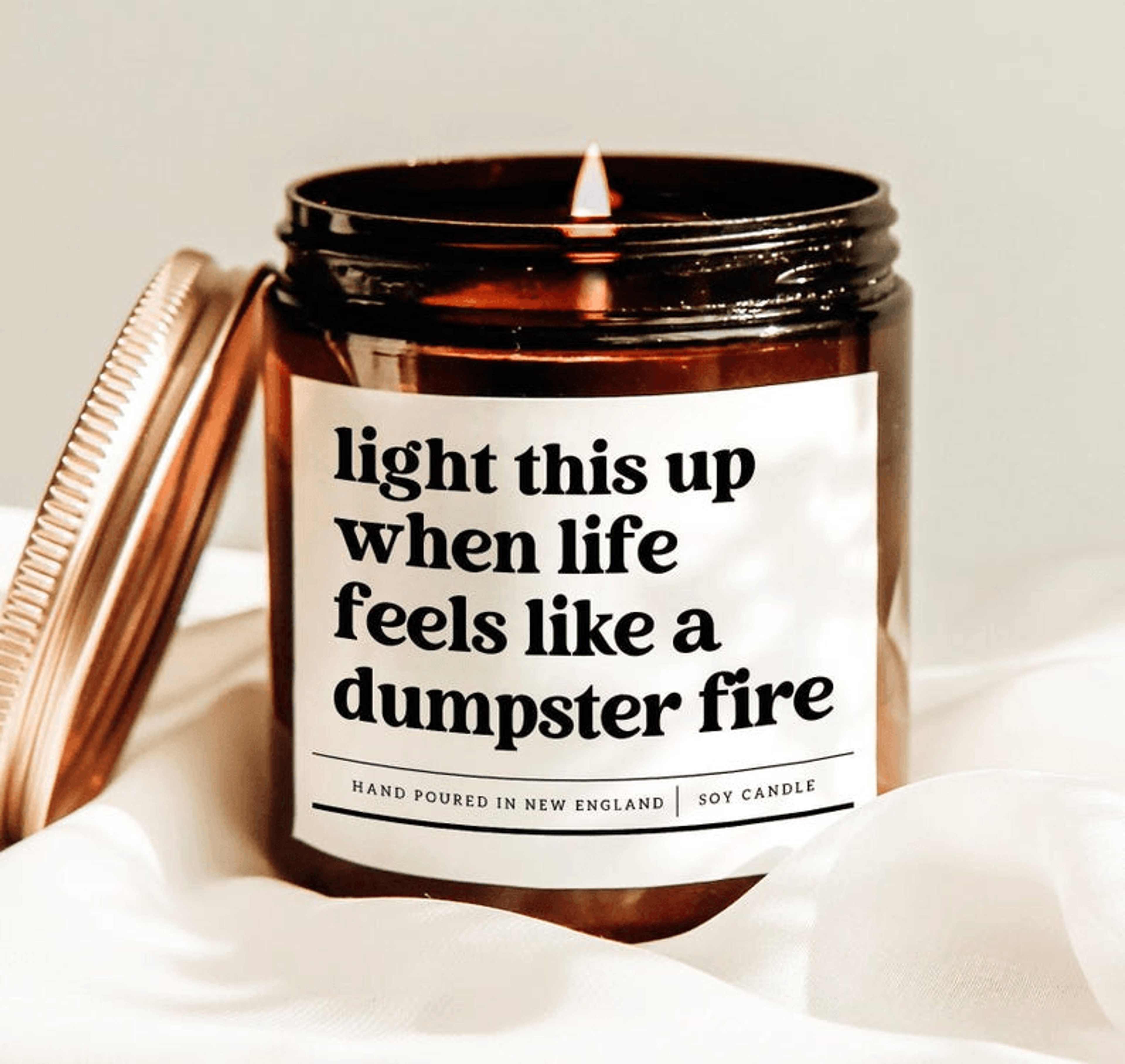 light this up when life feels like a dumpster fire candle, funny stress relief gift