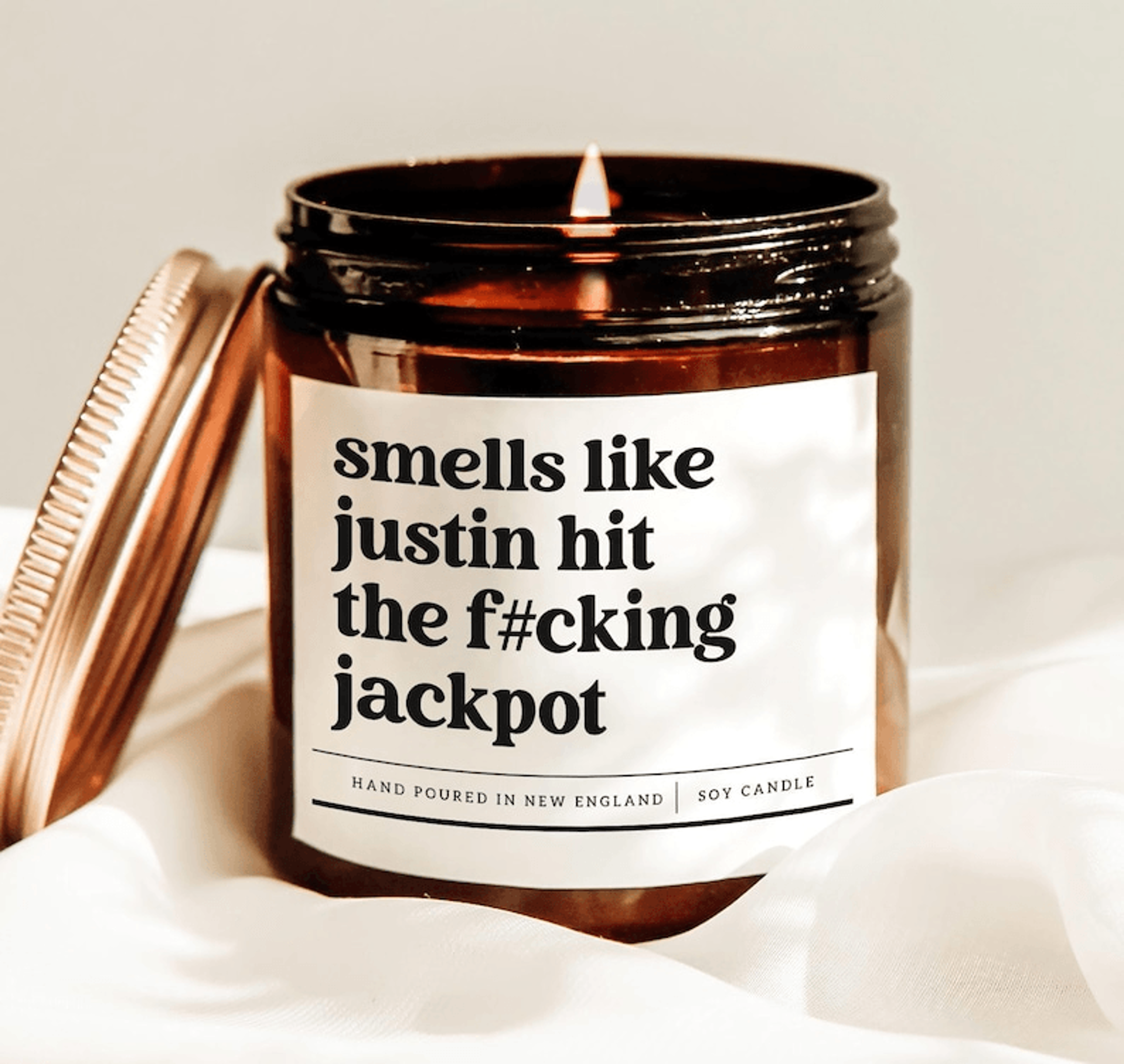 smells like justin hit the fucking jackpot candle, funny relationship gift, personalized boyfriend candle