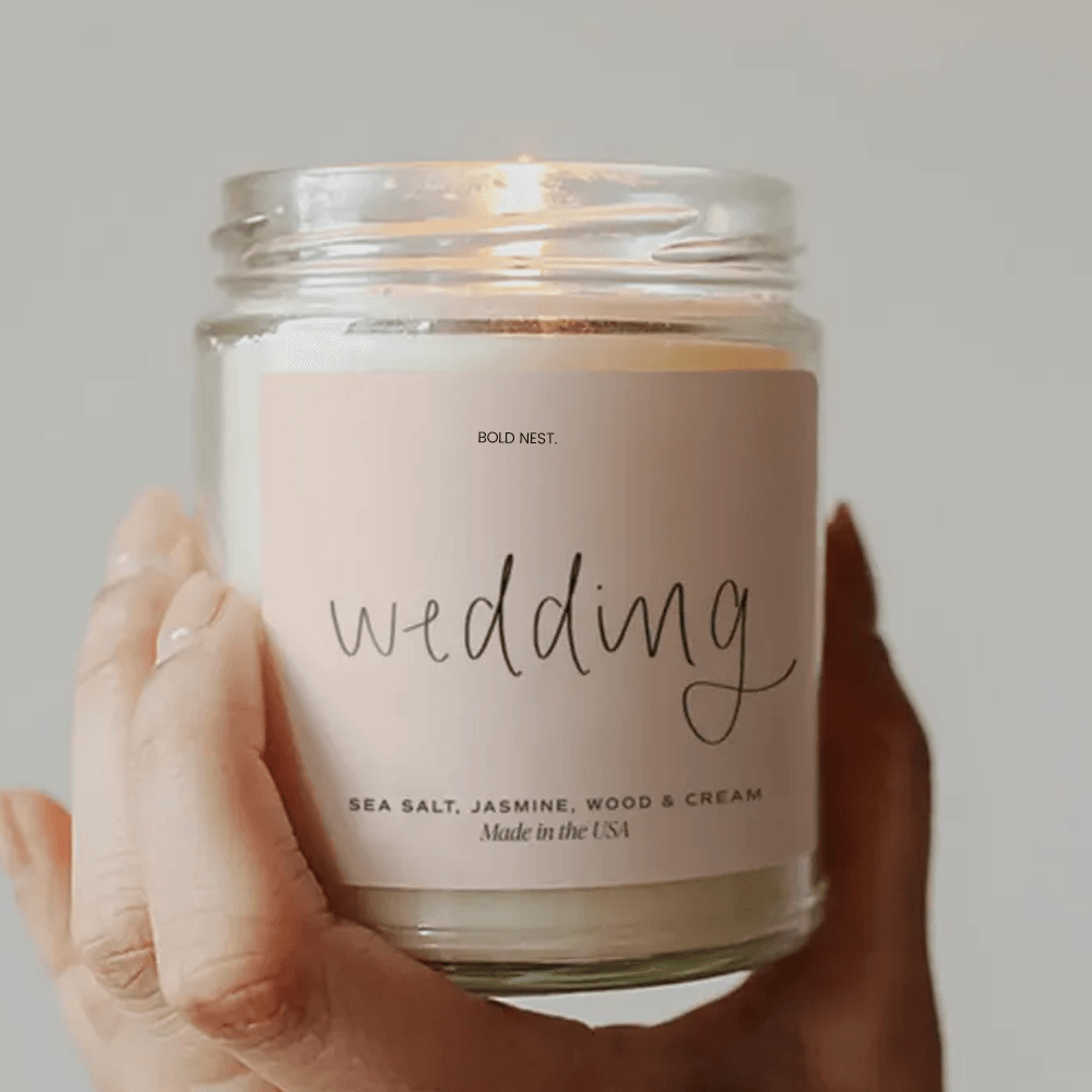 wedding soy candle – jasmine sea salt wood & cream candle gift for couples & newlyweds