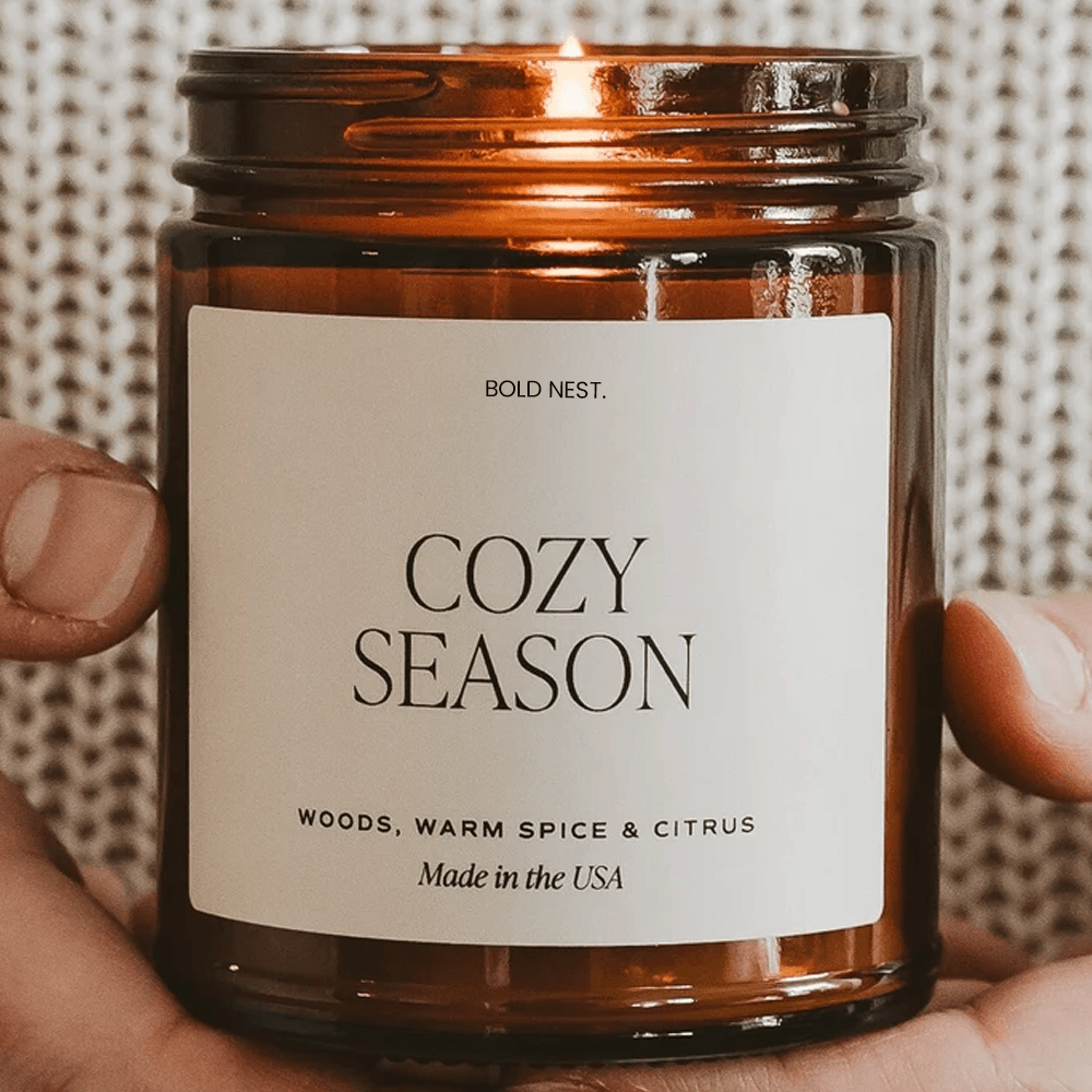 cozy season soy candle – woods, warm spice & citrus fall scented autumn candle