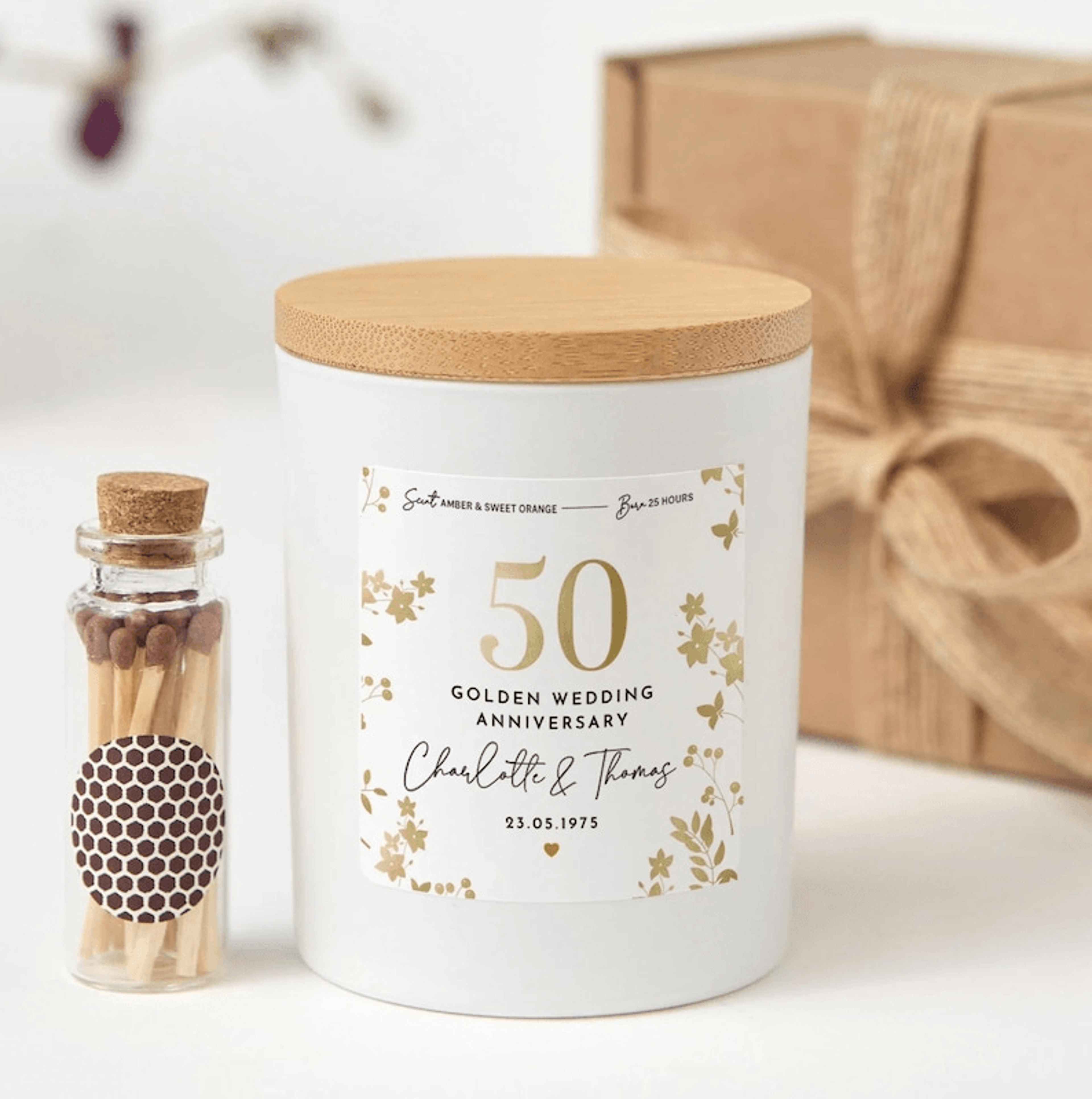 50th golden wedding anniversary candle gift, personalized 50 year anniversary gift, golden anniversary gift for couple